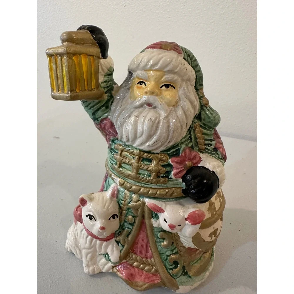 Vintage Ceramic Santa Claus Salt and Pepper Shakers Green Floral with Cats